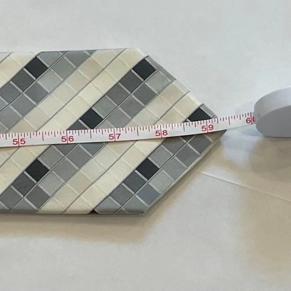 Murano Italy Gray, Ivory, Geometric Print Silk Tie, Y2K, 59.5 by 3.5